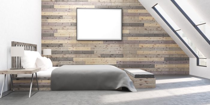 Modern bedroom with comfortable furniture. Wooden walls. Concept of appartment. 3D render.